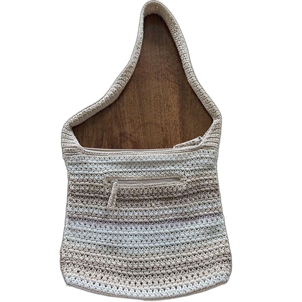 The Sak Crocheted Cream/Tan Handbag Purse Shoulder Bag 3 Zippers~ Boho Y2k